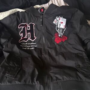 Black Bomber Jacket with Red Rose and Skeleton Design